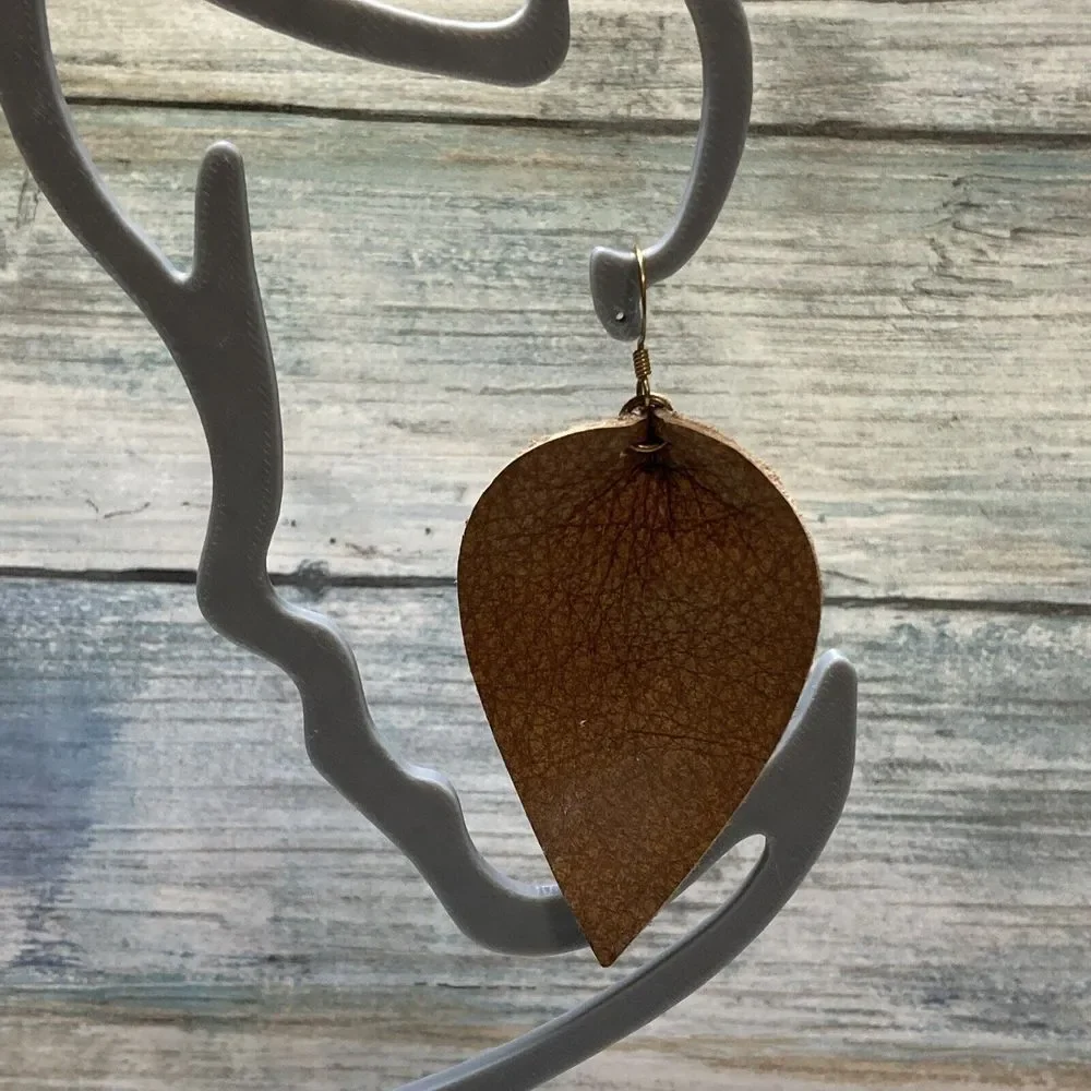Tan Leather Leaf‎ Pinched EARRINGS Large dangle